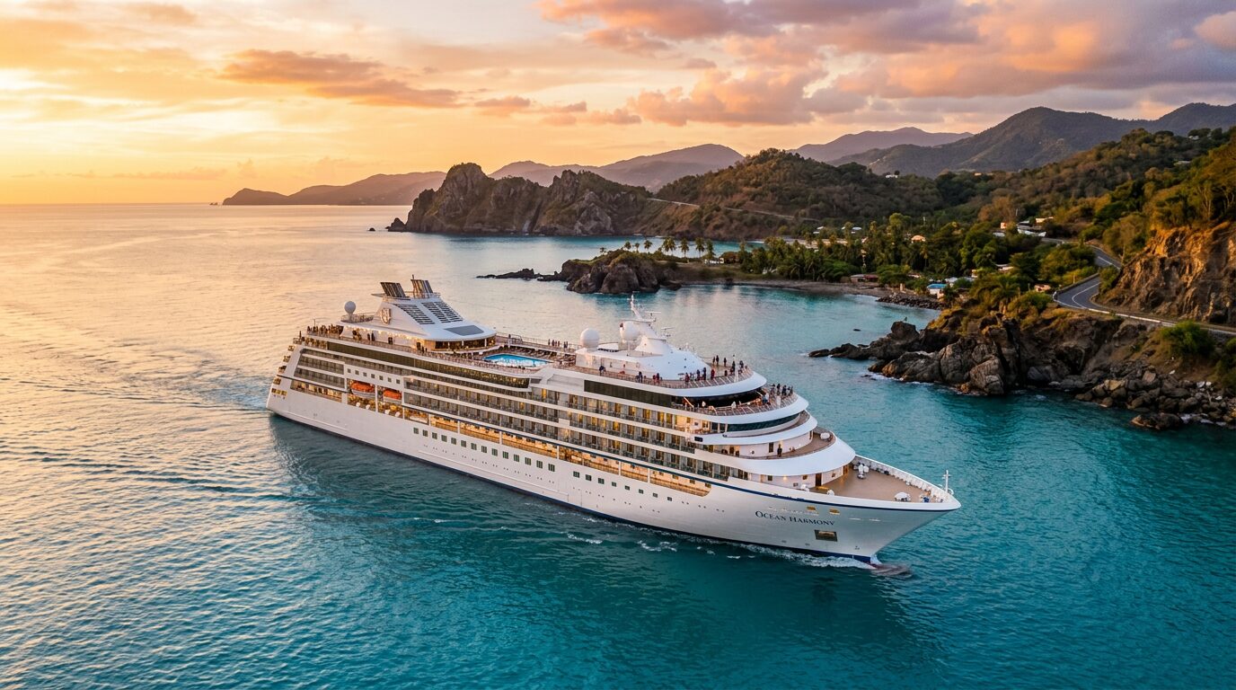 Luxury ocean cruise ship gliding past a dramatic coastline at golden hour