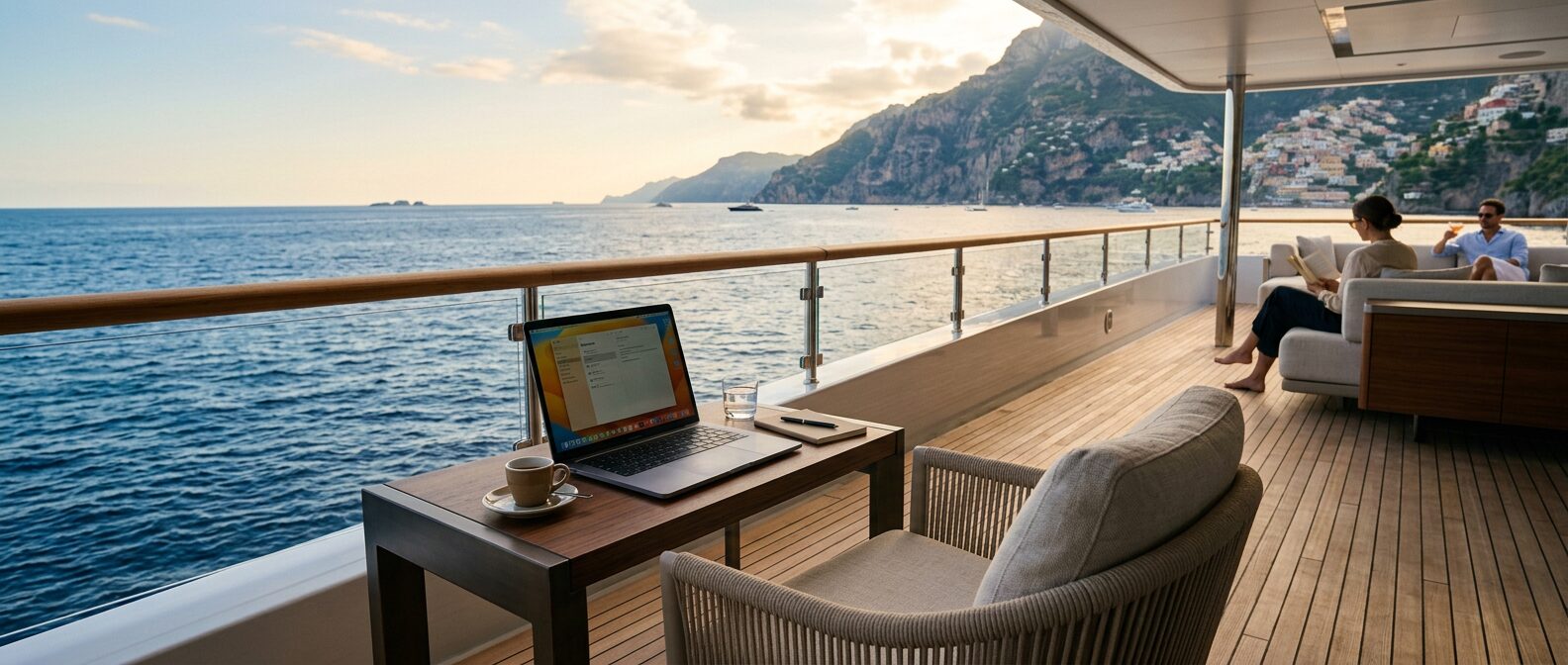 Sun-drenched luxury cruise deck overlooking the ocean — work from anywhere